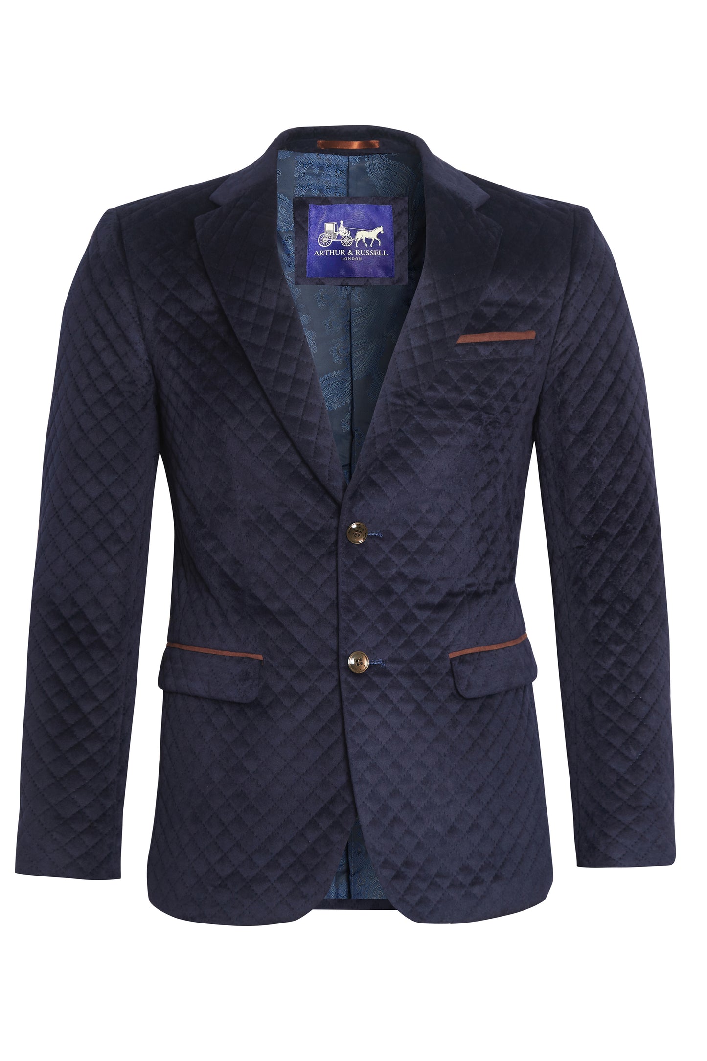 Navy quilted velvet blazer with trims