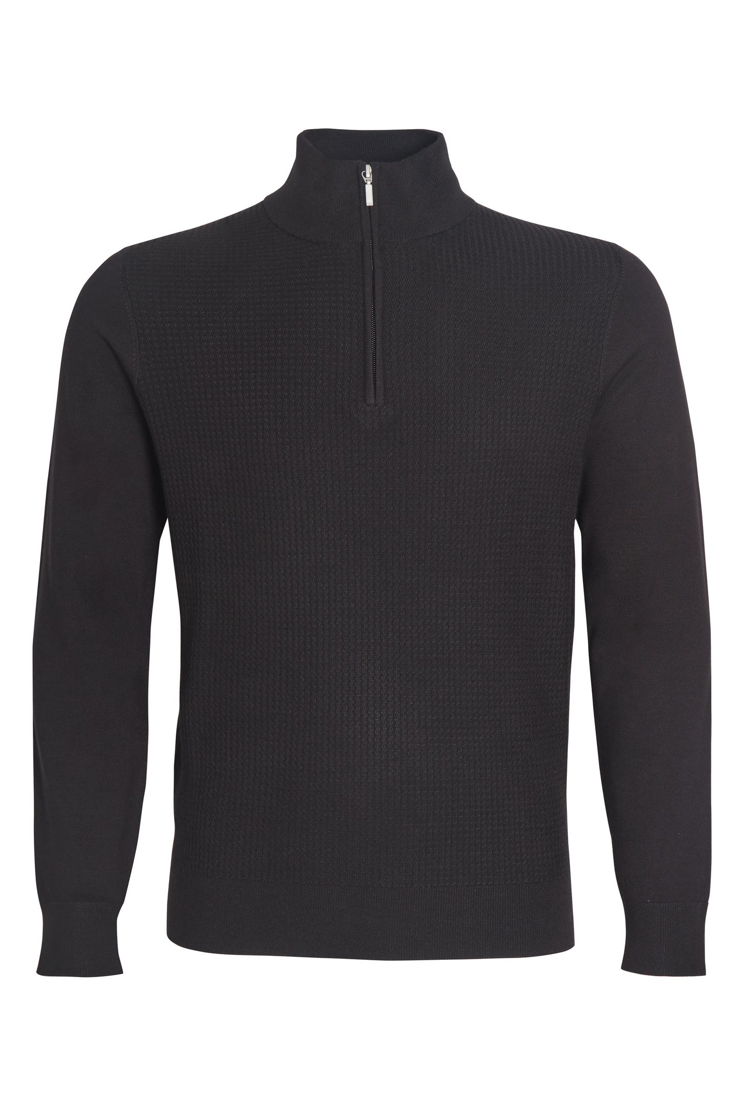 Black textured quarter zip neck knit