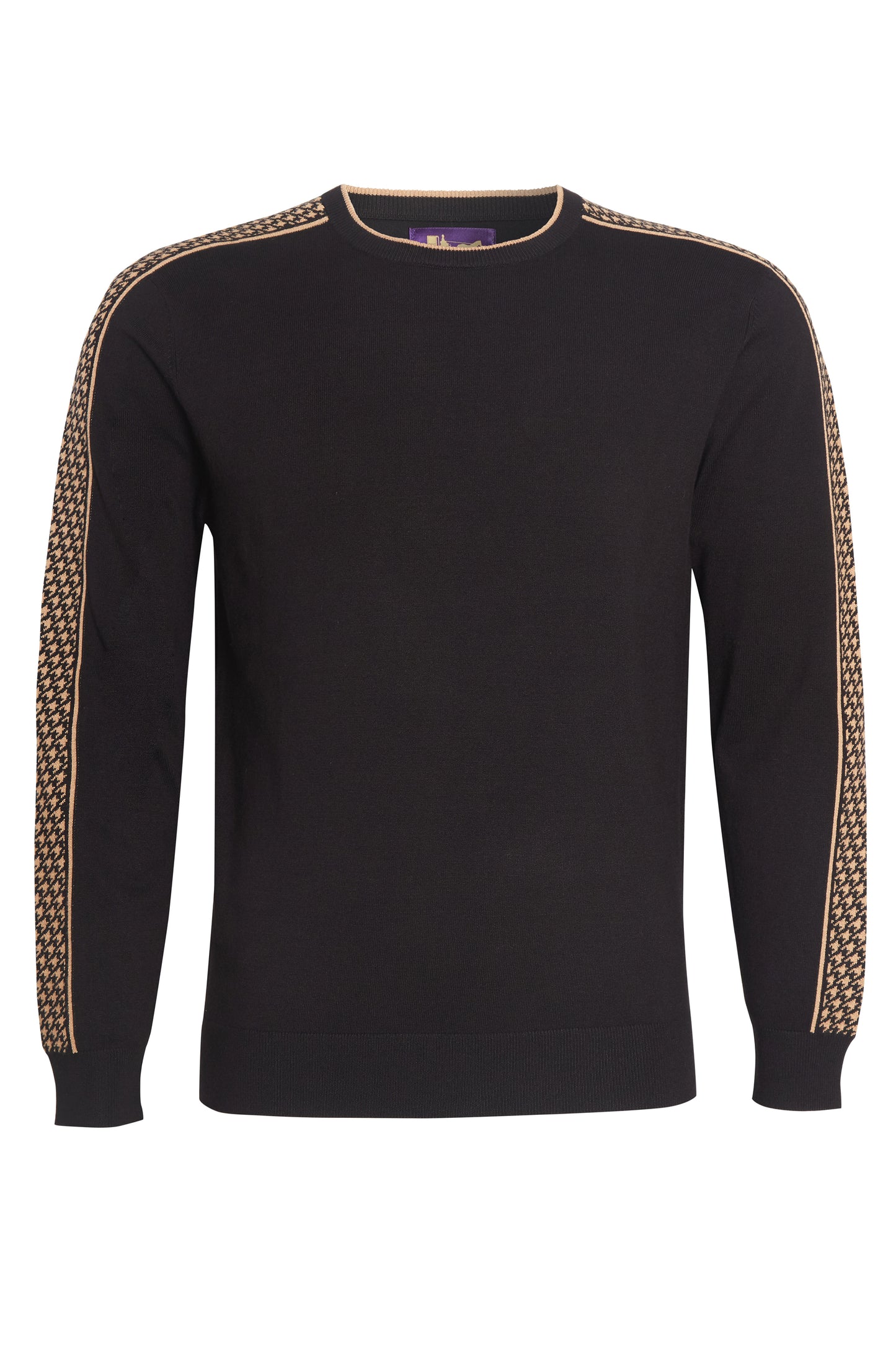 Black crew neck knit jacquard sleeve soft