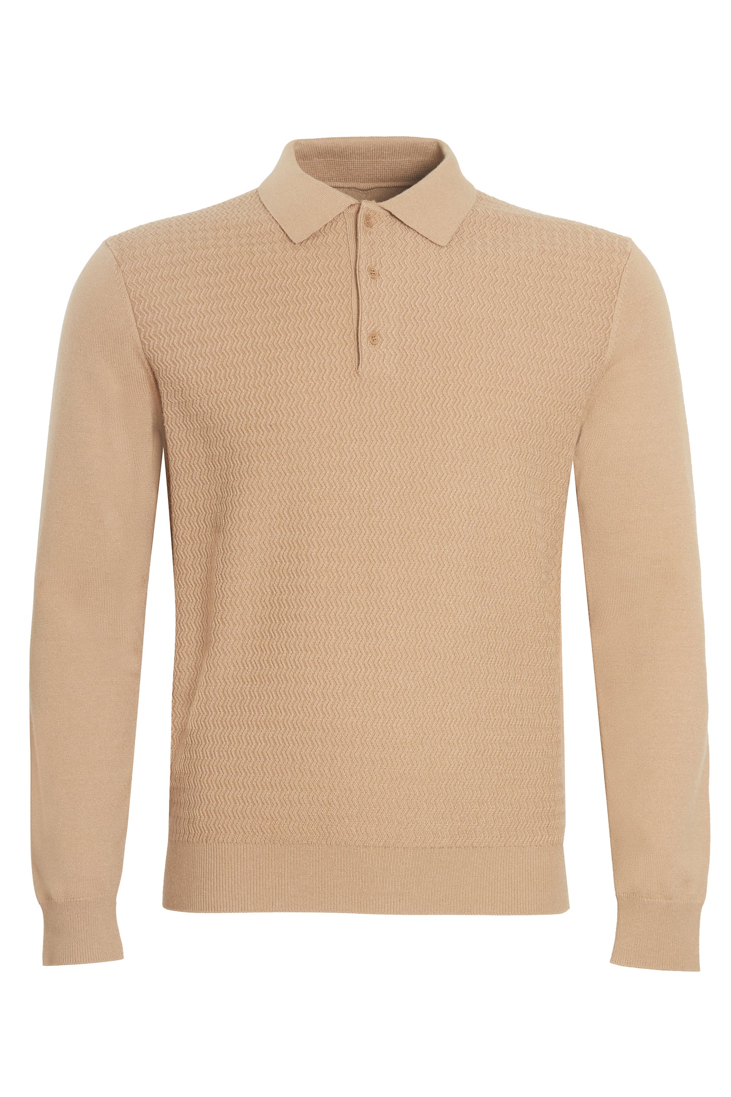 Taupe soft knit polo with ziz zag textured front