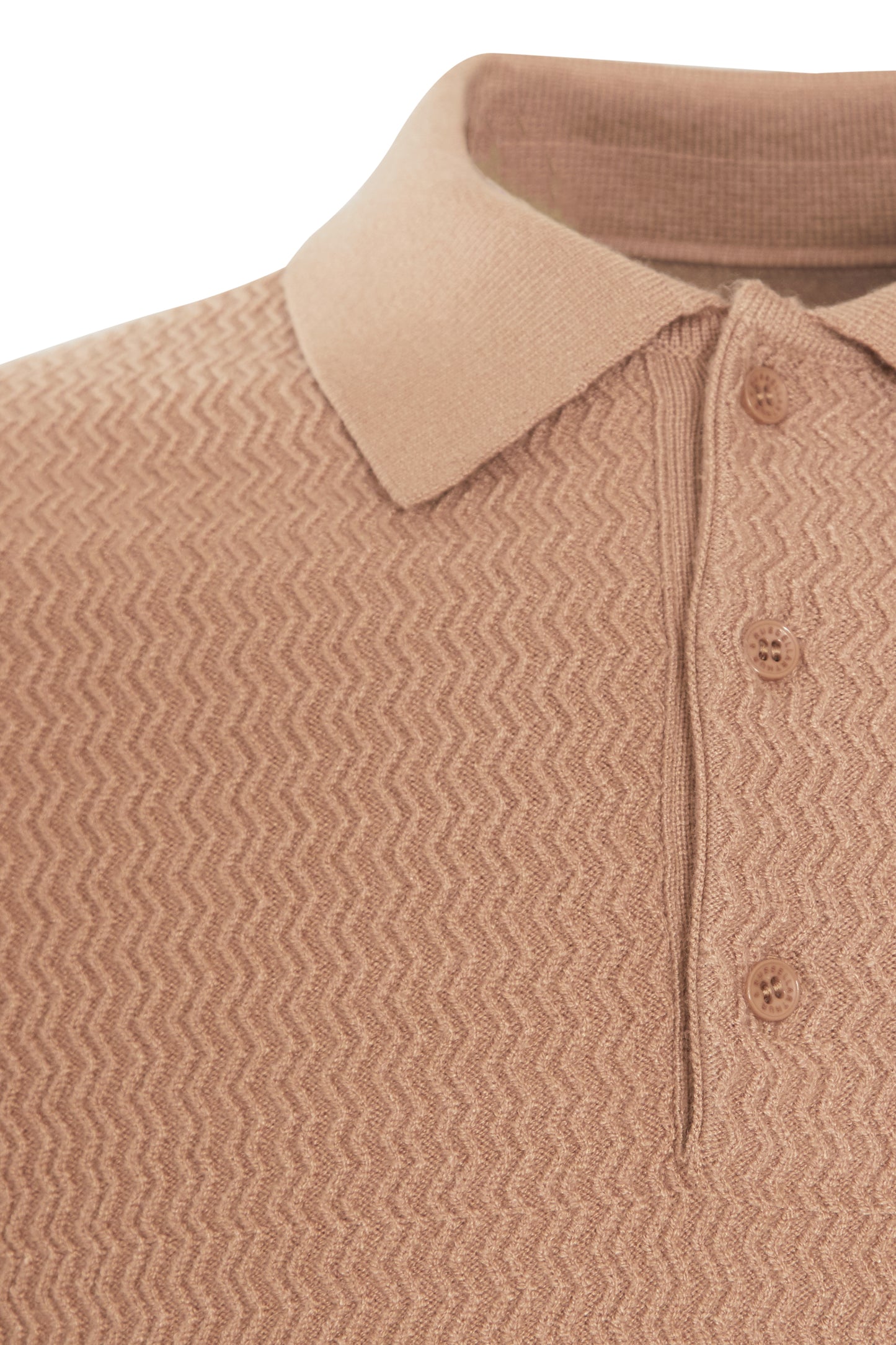 Taupe soft knit polo with ziz zag textured front