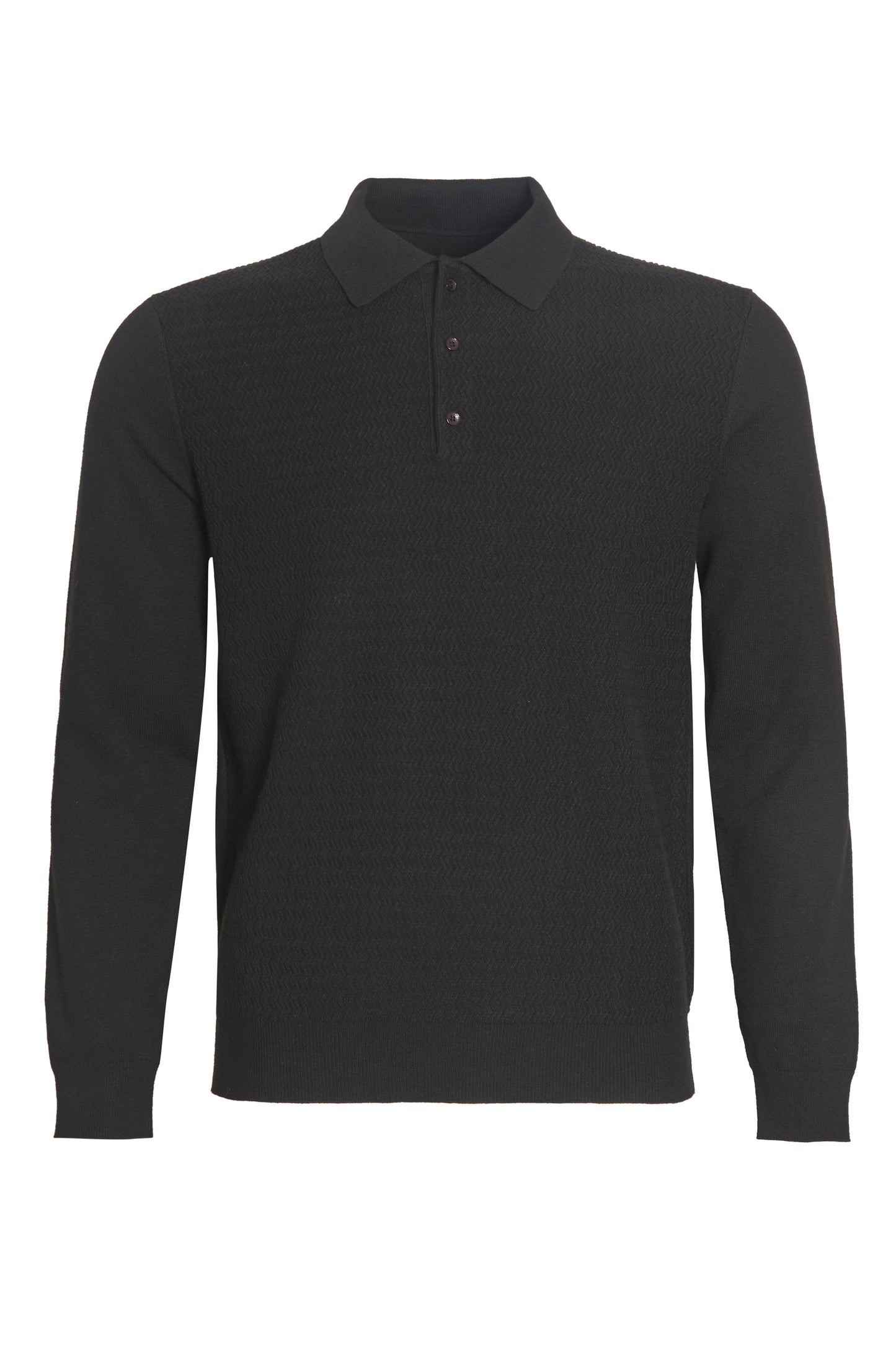 Black soft knit polo with ziz zag textured front