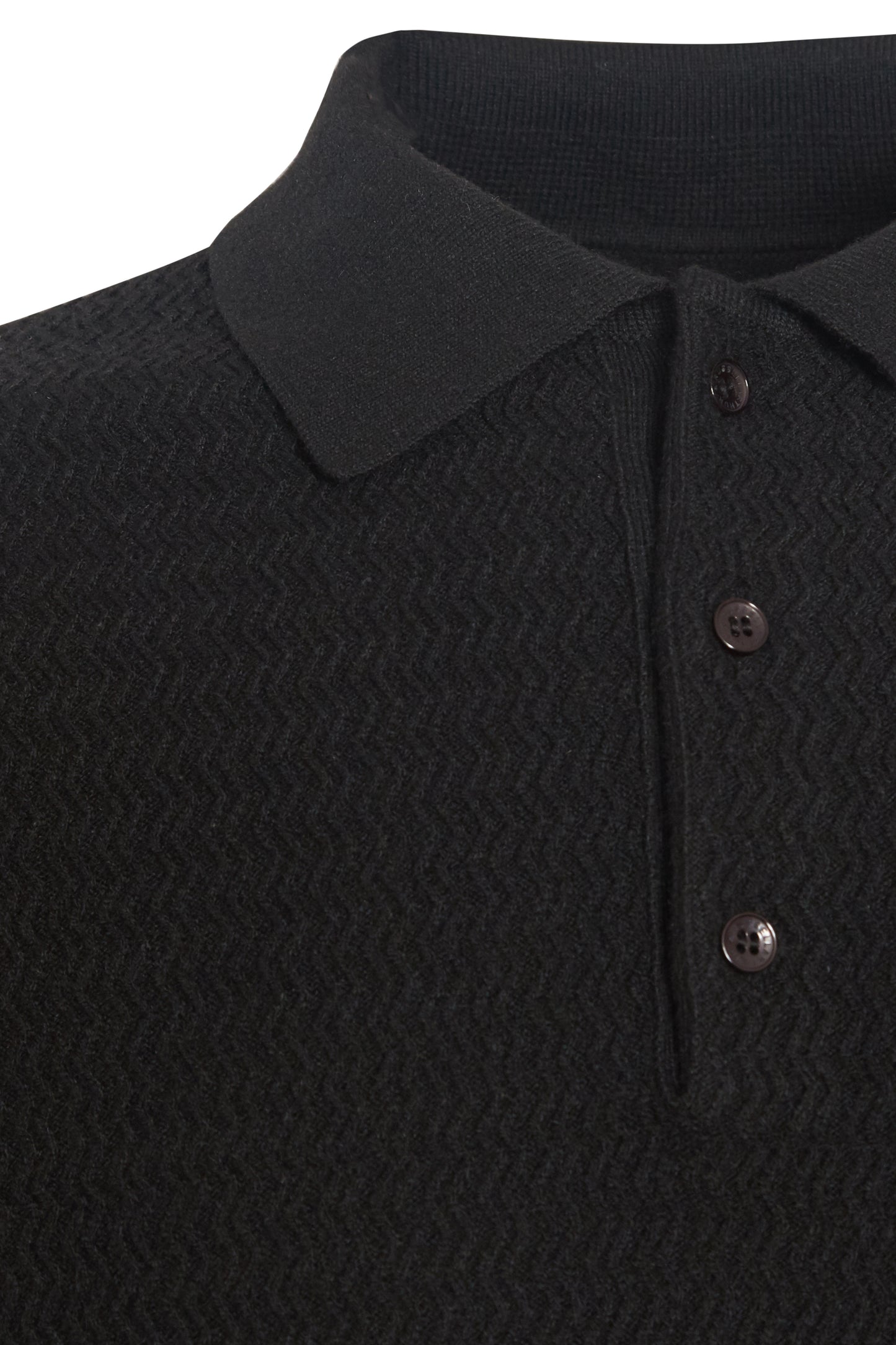 Black soft knit polo with ziz zag textured front