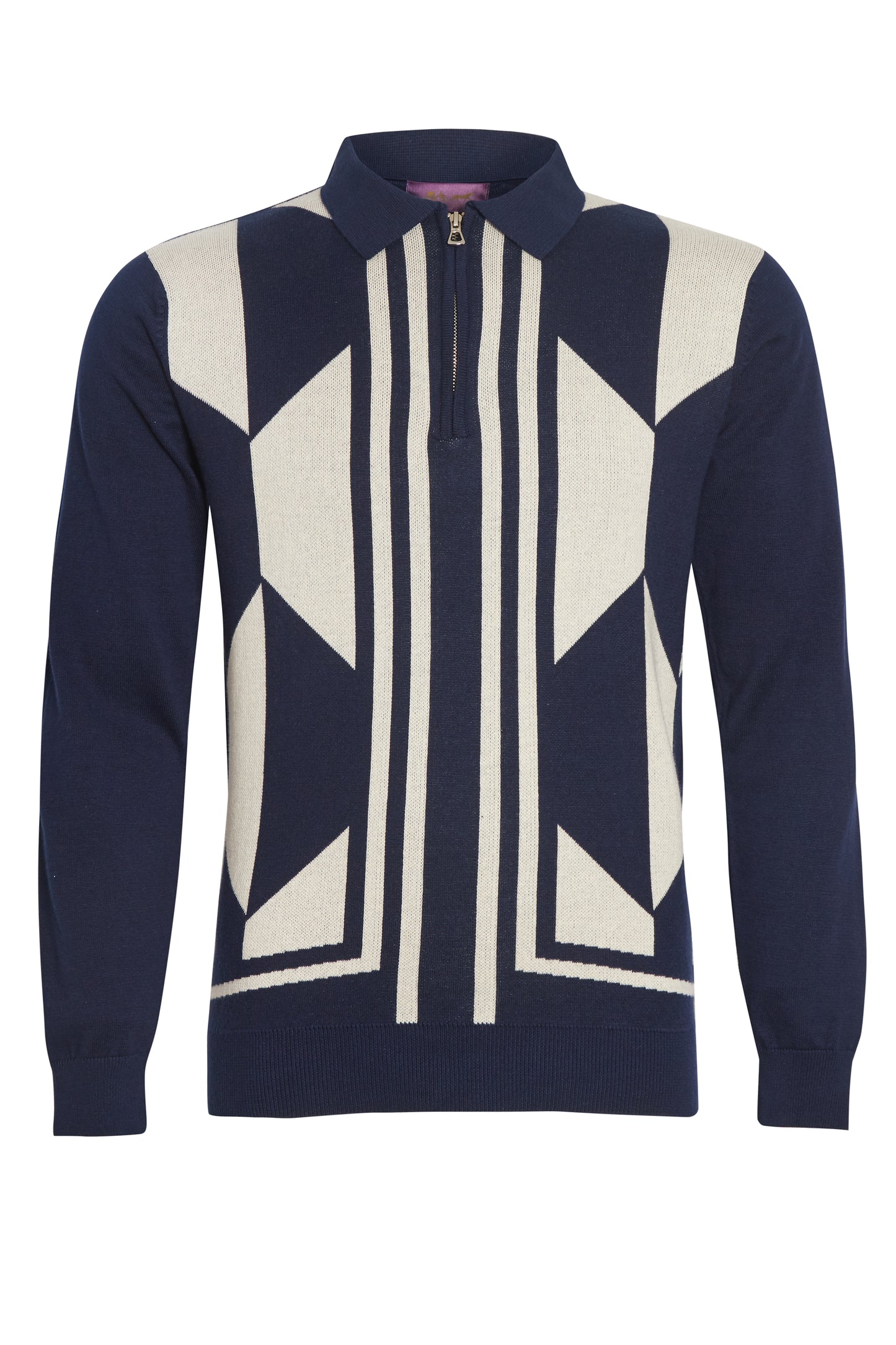 Navy geometric jacquard polo knit
