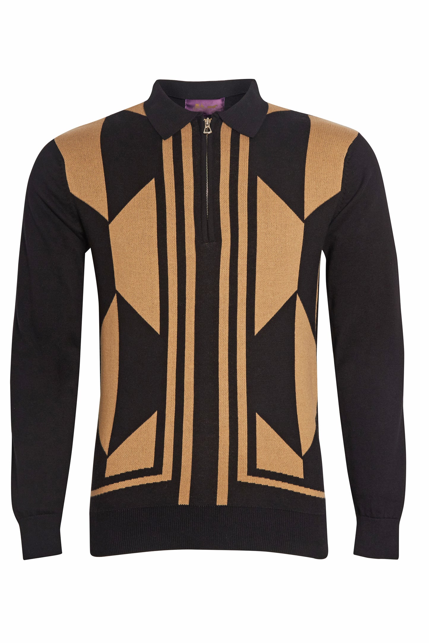 Black geometric jacquard polo knit