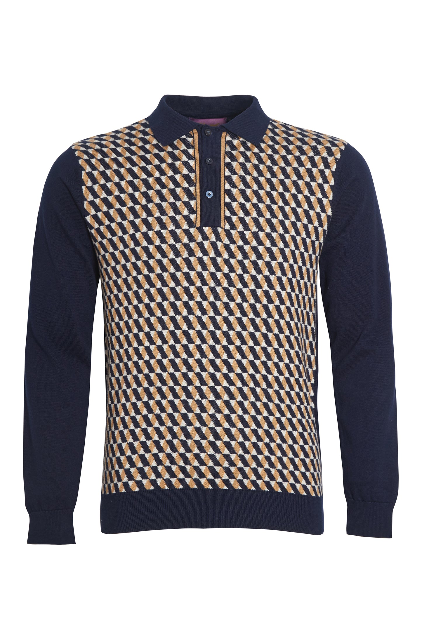 Navy camel jacquard knit polo