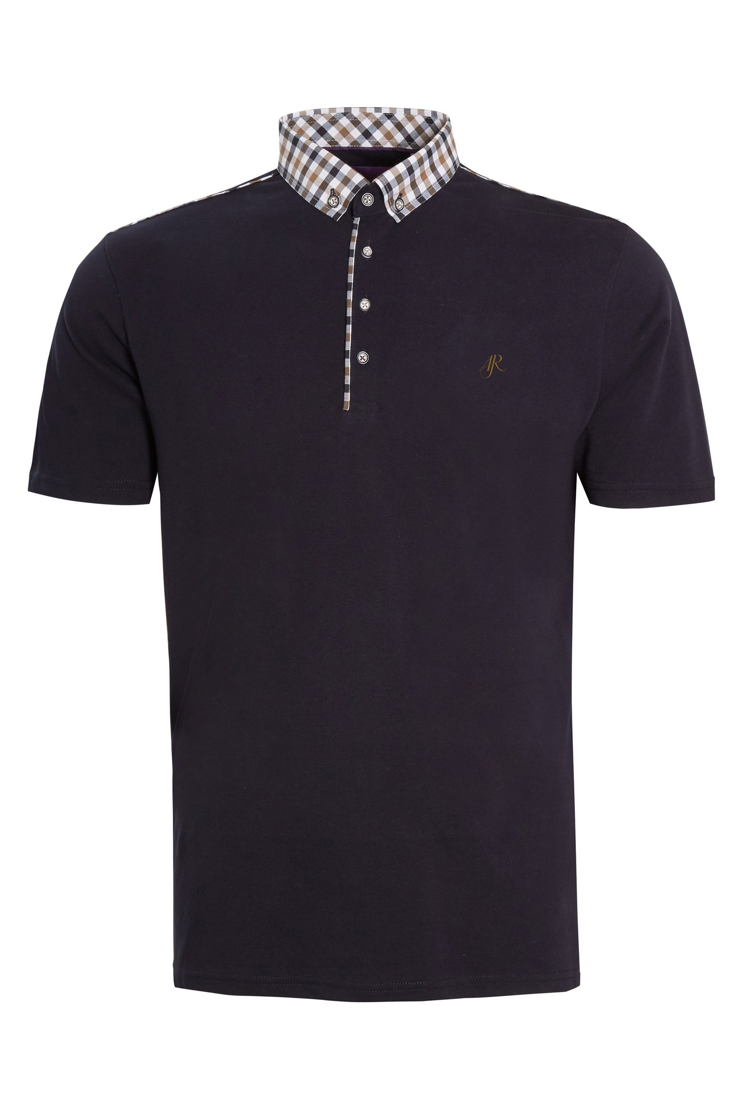 Navy pique polo with check buttoned down collar