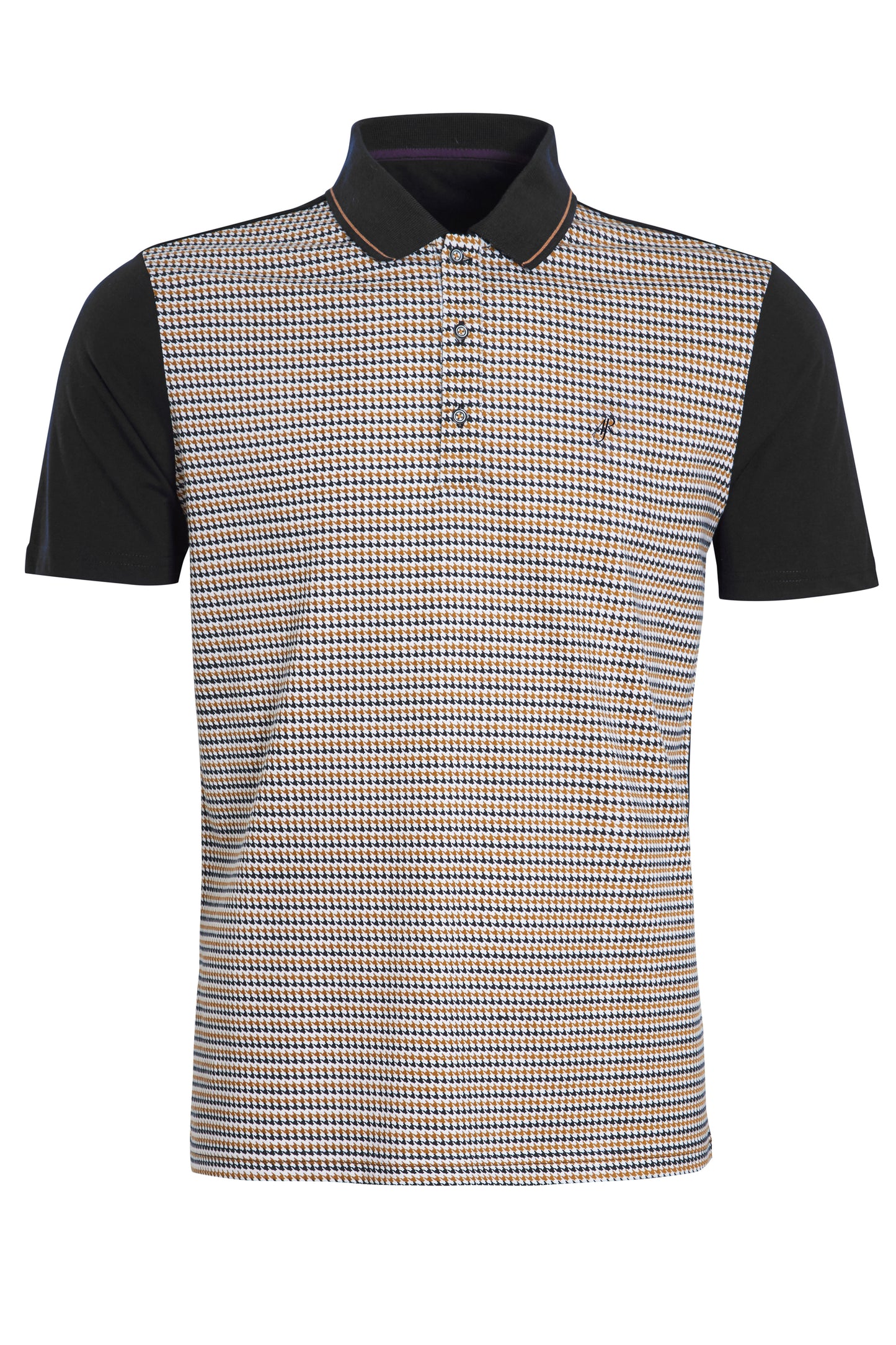 Black jersey polo with houndstooth printed front