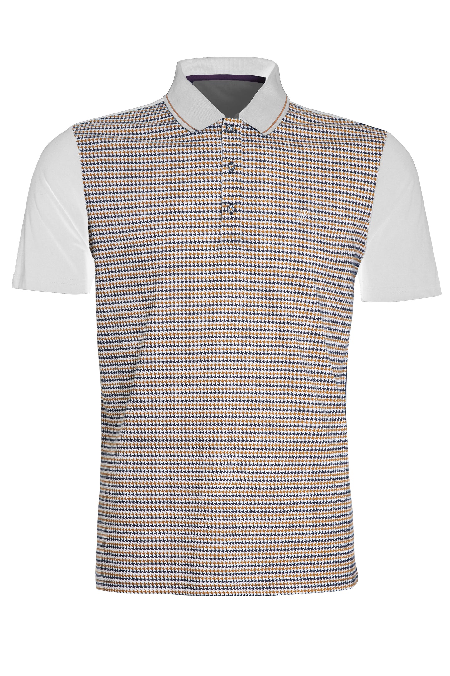 White jersey polo with houndstooth printed front