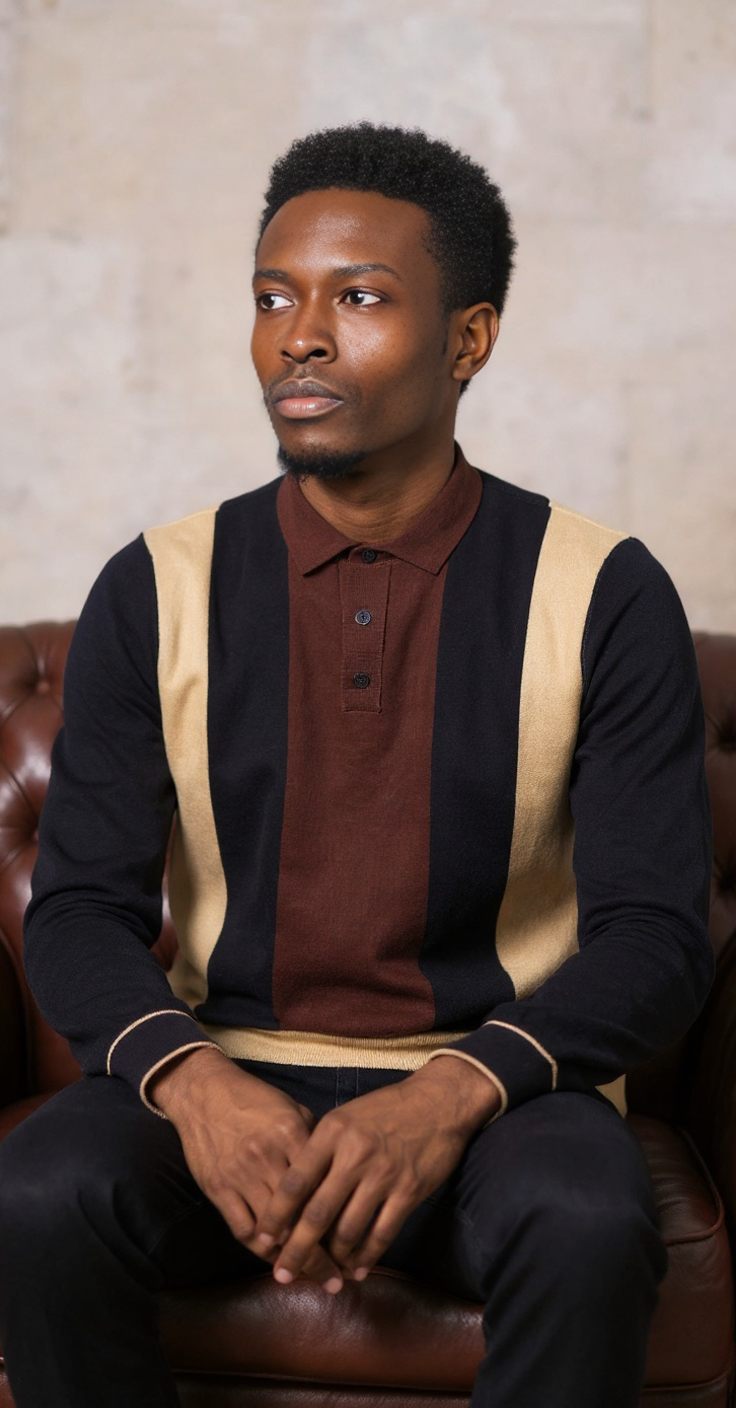 Chocolate navy colour block knit polo