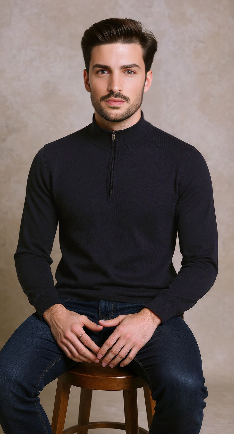 Navy textured quarter zip neck knit