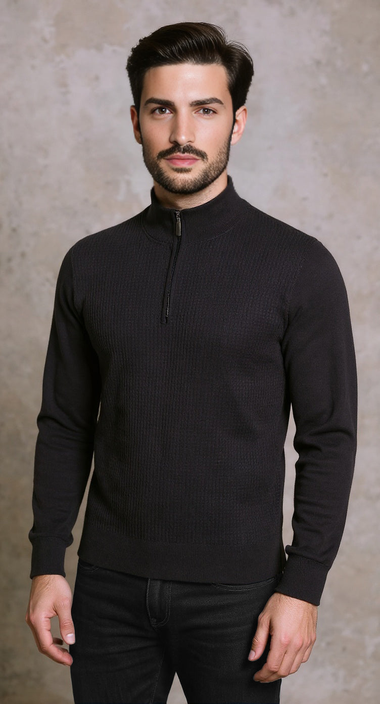 Black textured quarter zip neck knit