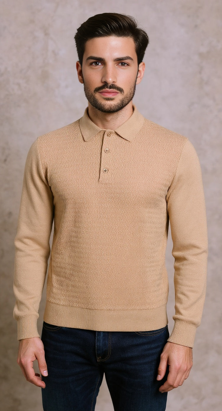 Taupe soft knit polo with ziz zag textured front
