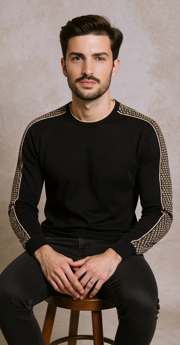 Black crew neck knit jacquard sleeve soft