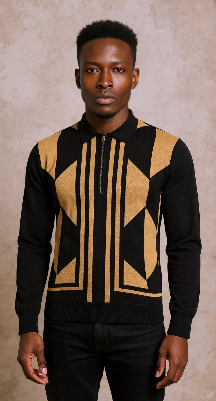 Black geometric jacquard polo knit