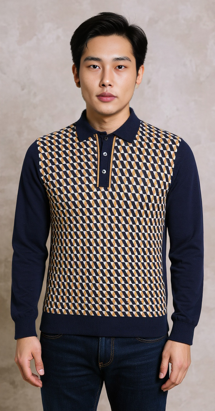 Navy camel jacquard knit polo