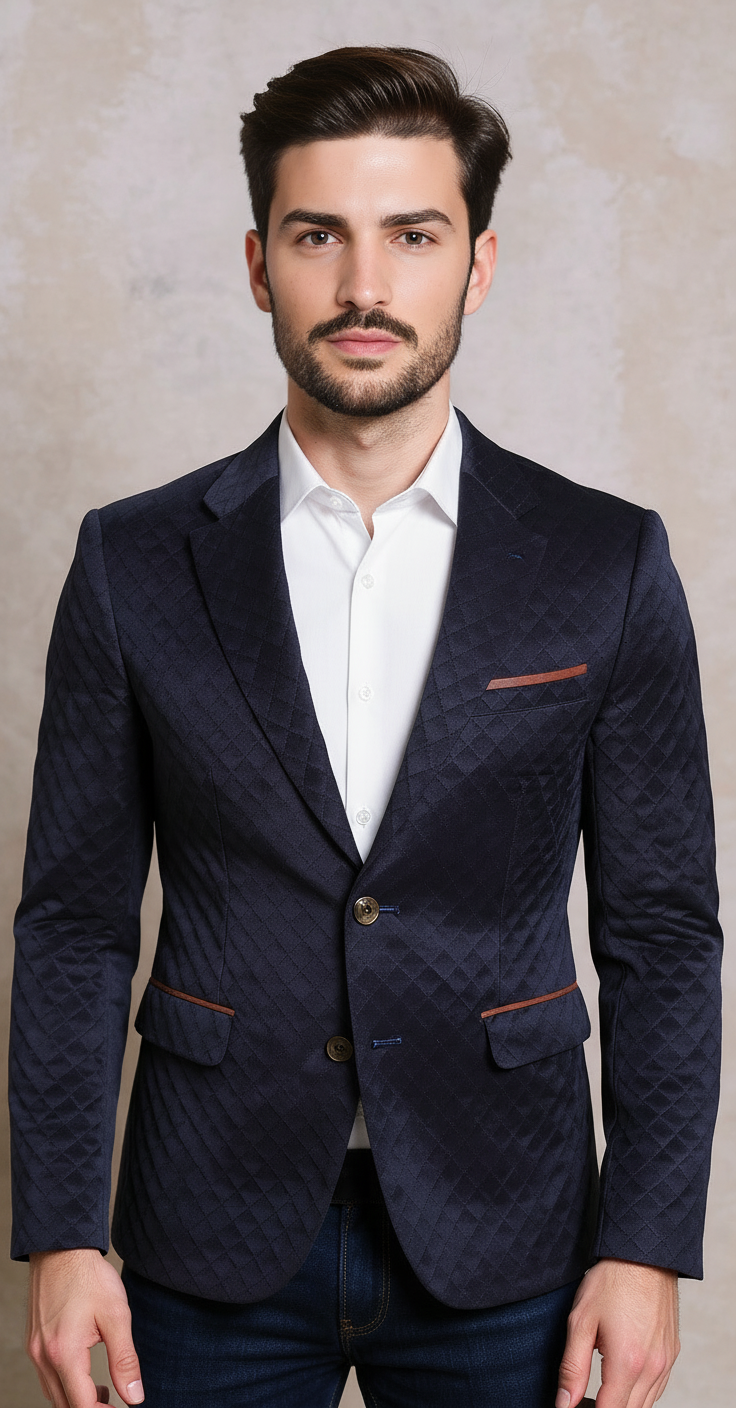 Navy quilted velvet blazer with trims