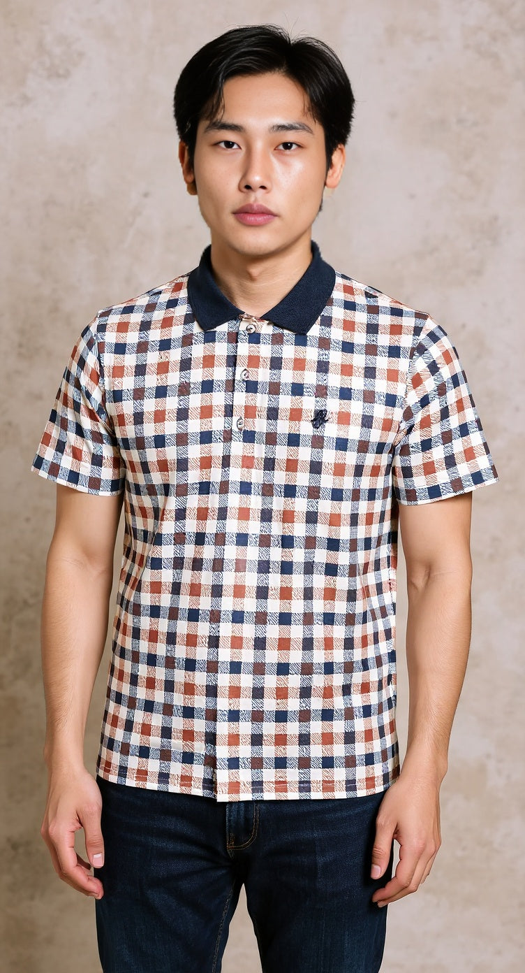 Printed check jersey polo
