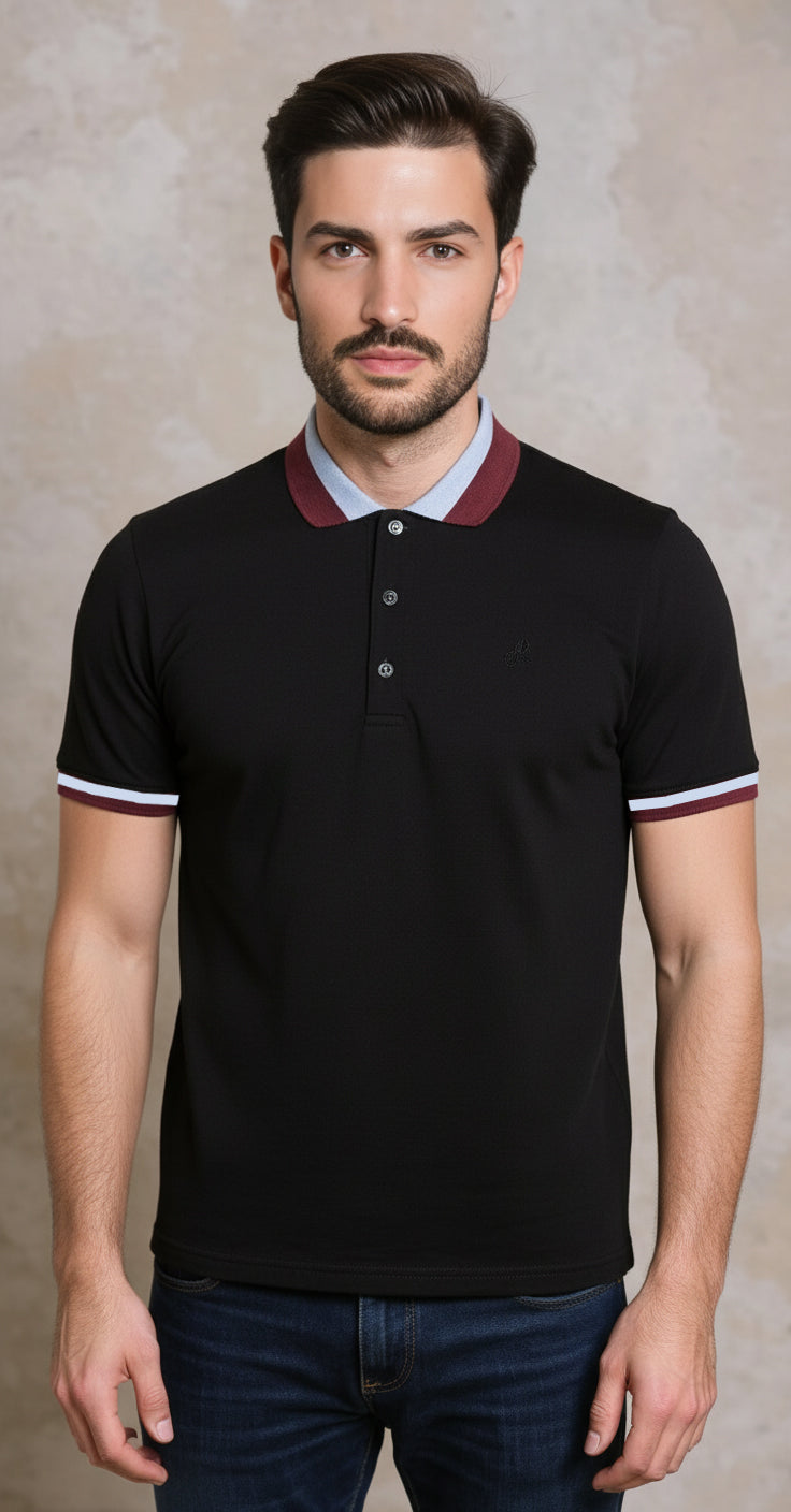 Black cotton pique polo colour block collar