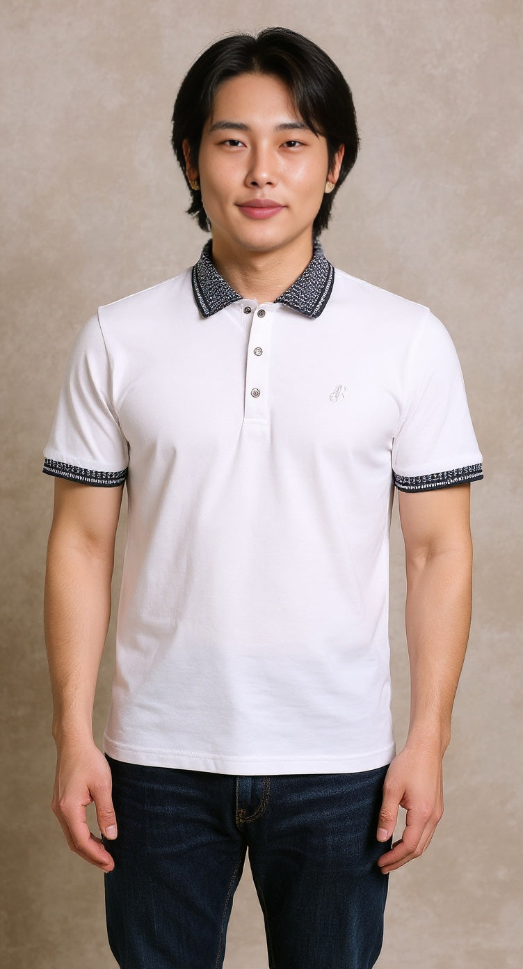White jersey polo jacquard collar
