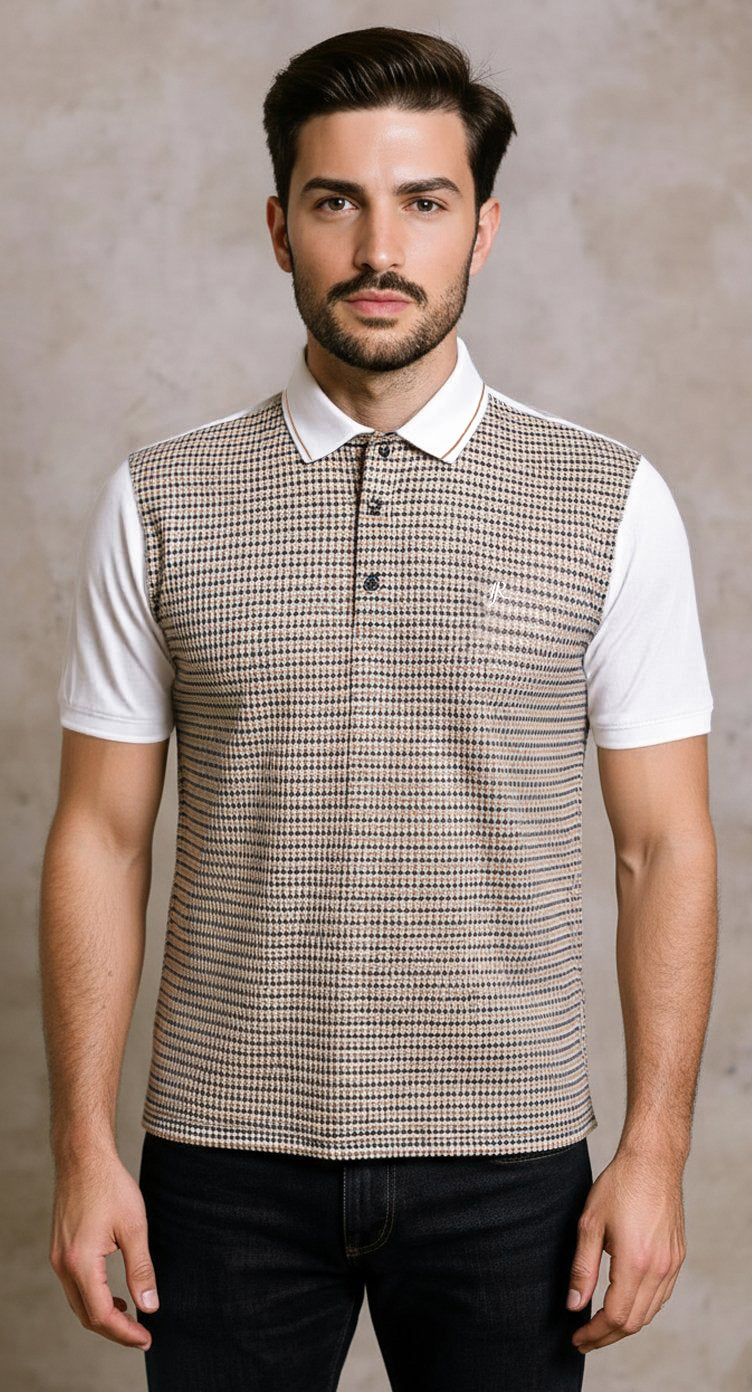 White jersey polo with houndstooth printed front