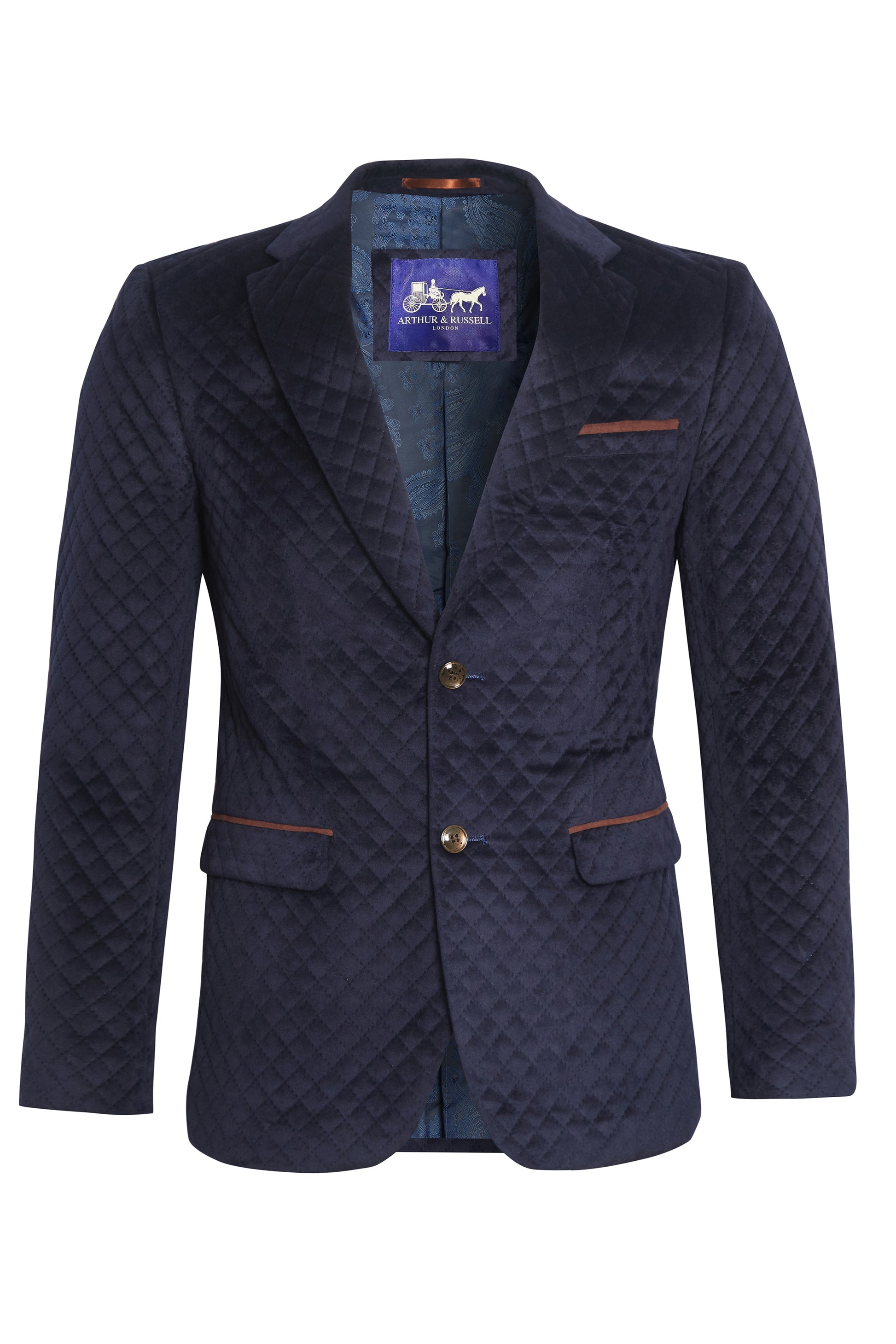Navy quilted velvet blazer with trims
