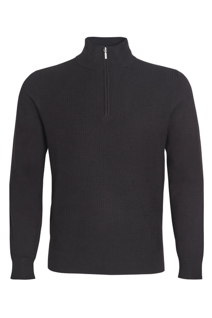 Black textured quarter zip neck knit