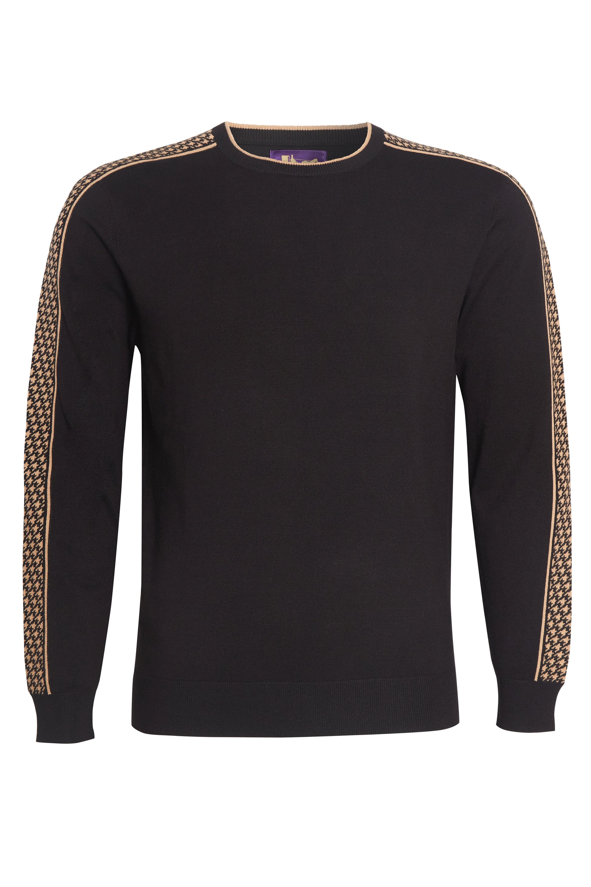 Black crew neck knit jacquard sleeve soft