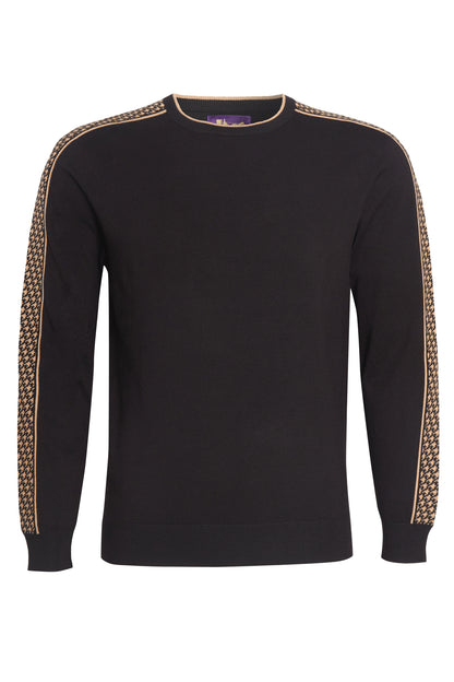 Black crew neck knit jacquard sleeve soft