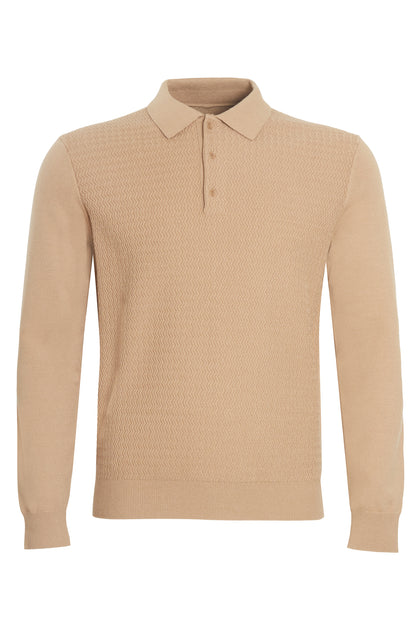 Taupe soft knit polo with ziz zag textured front