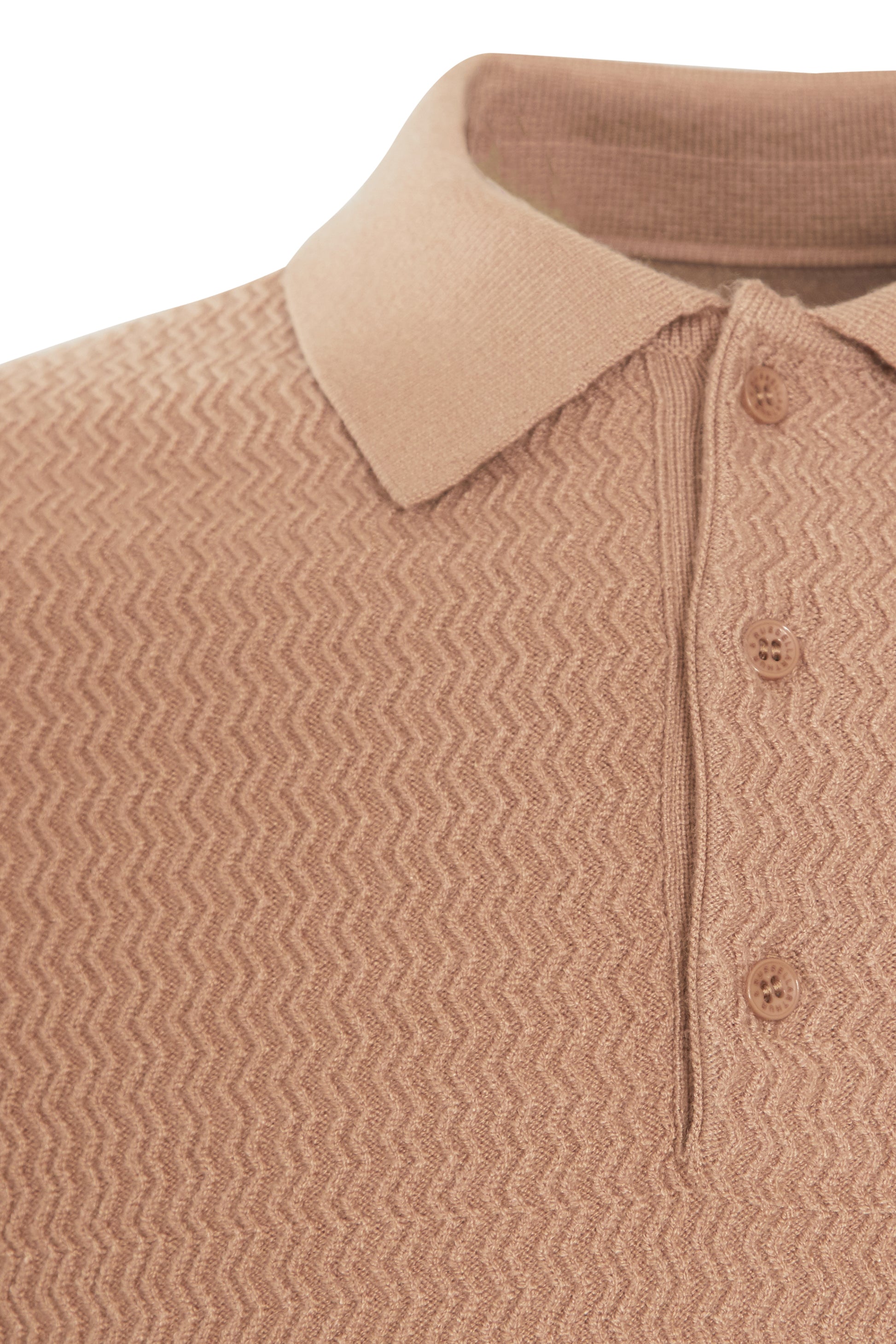 Taupe soft knit polo with ziz zag textured front