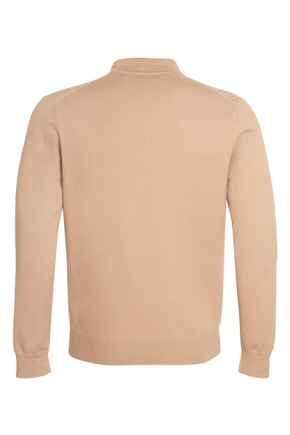 Taupe soft knit polo with ziz zag textured front