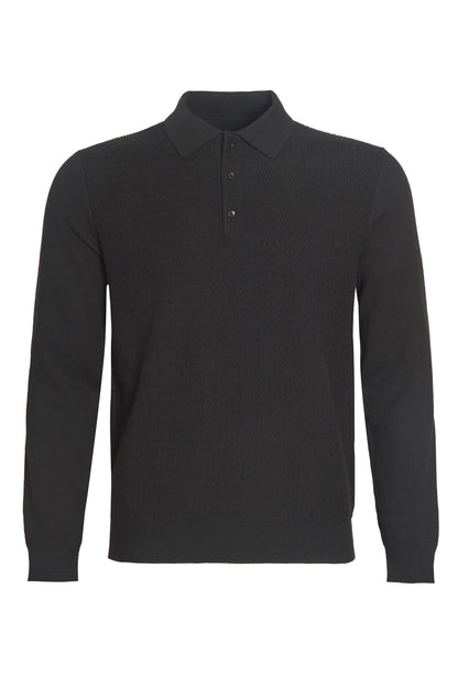 Black soft knit polo with ziz zag textured front