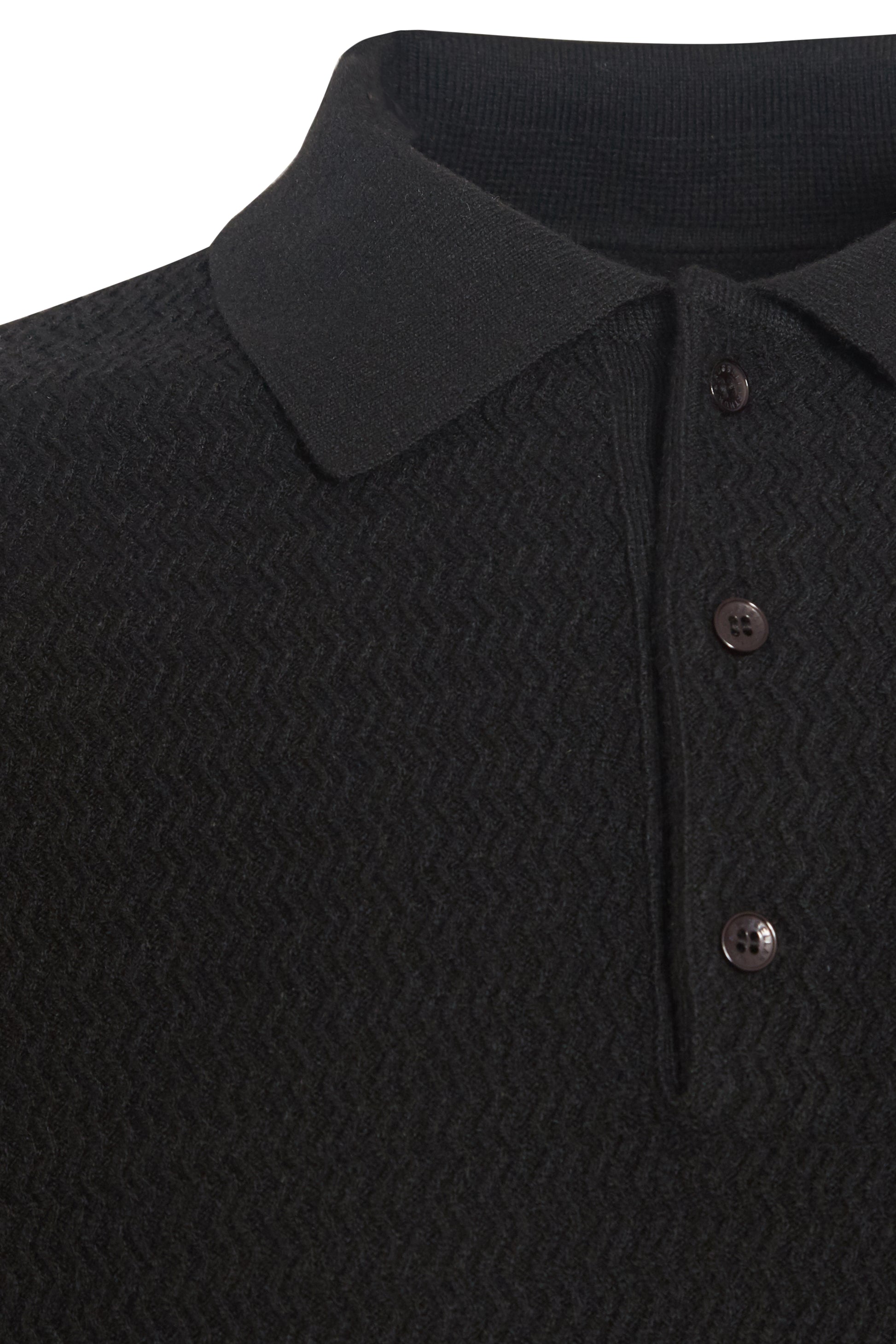 Black soft knit polo with ziz zag textured front