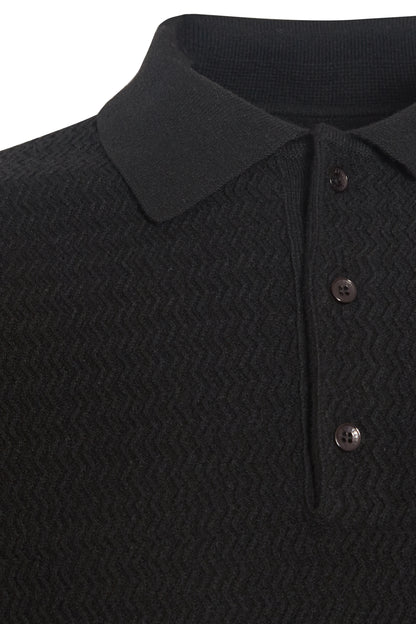 Black soft knit polo with ziz zag textured front