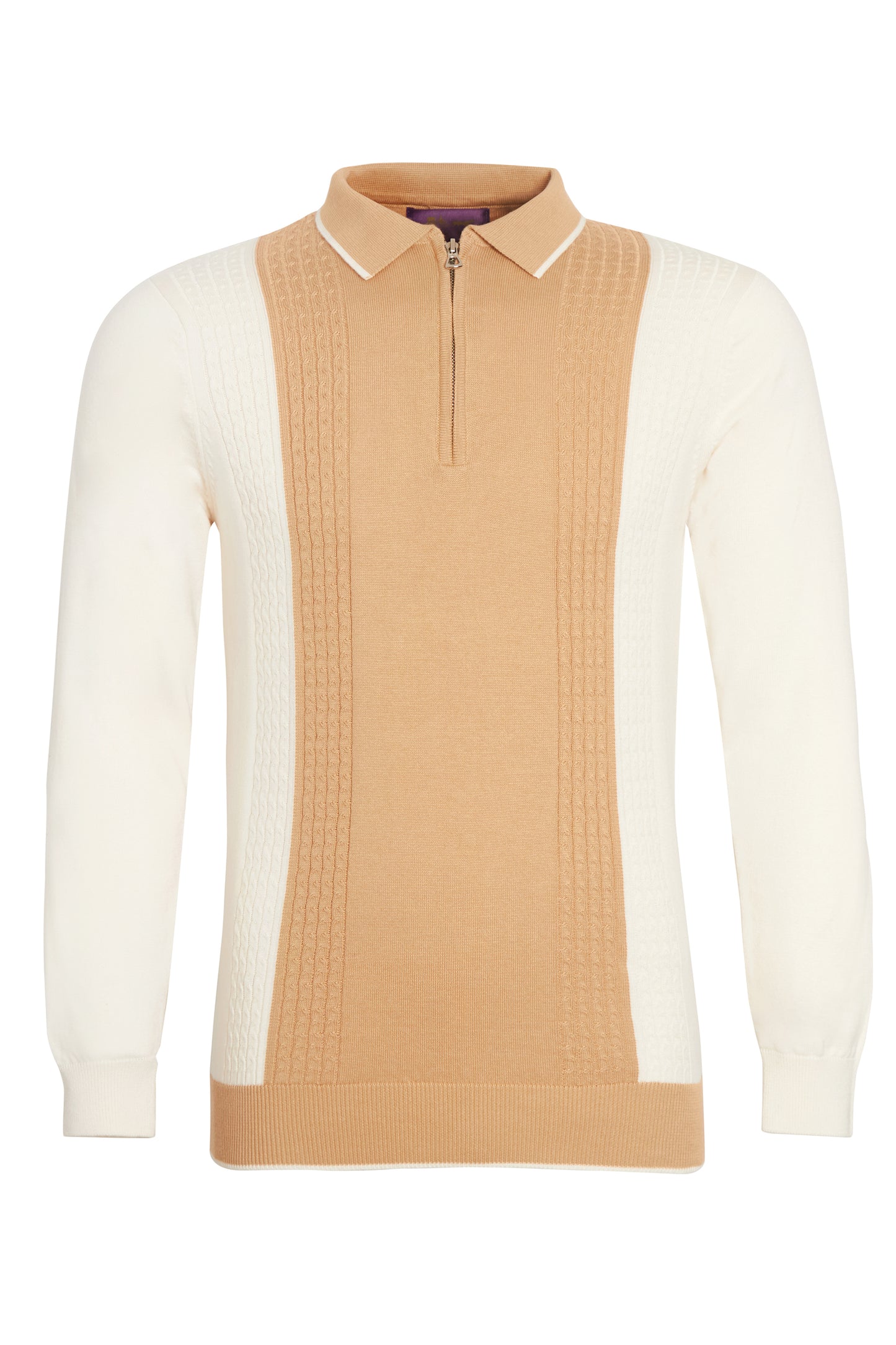 Colour block cable knit polo ecru tan
