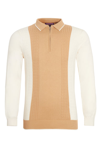 Colour block cable knit polo ecru tan