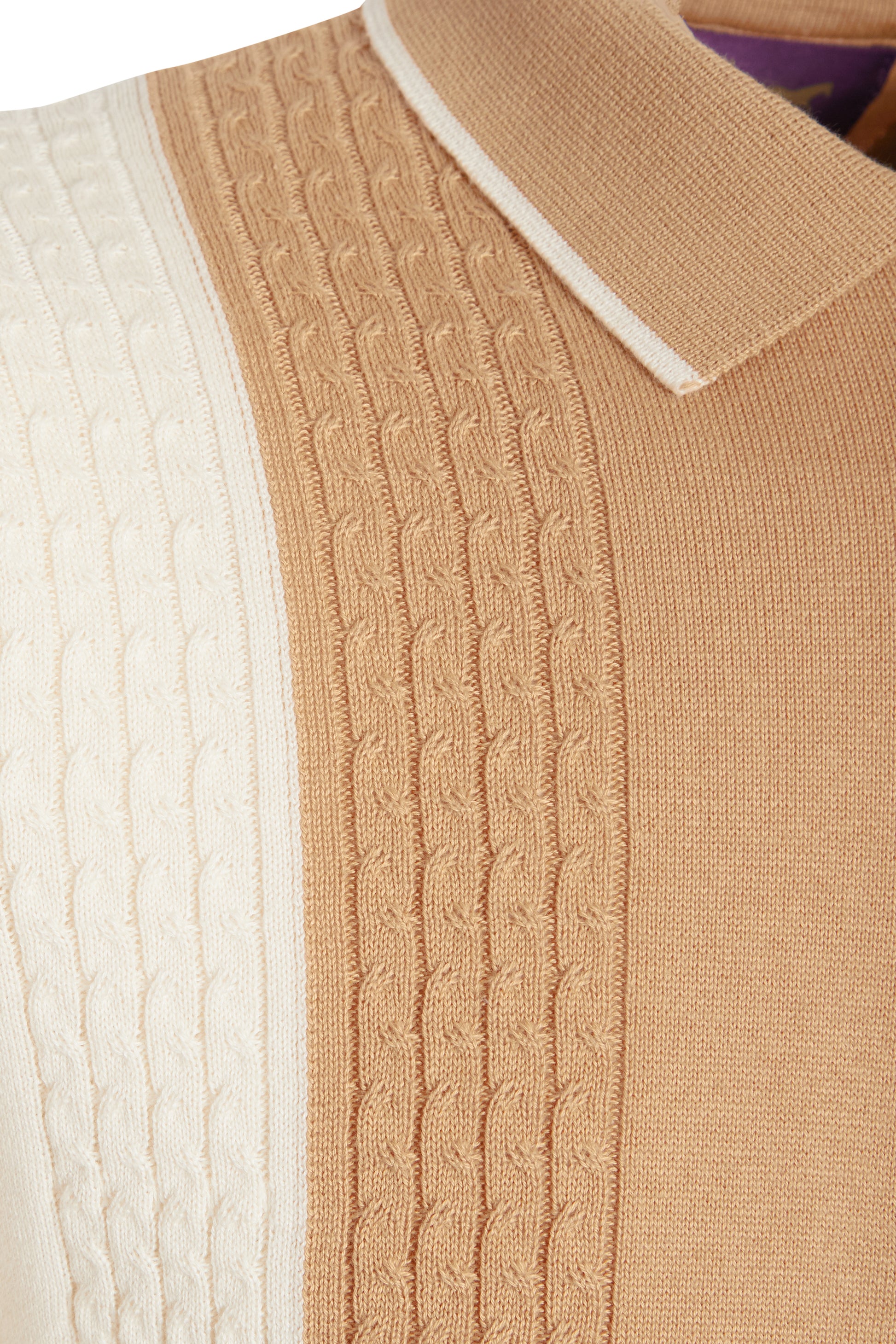 Colour block cable knit polo ecru tan