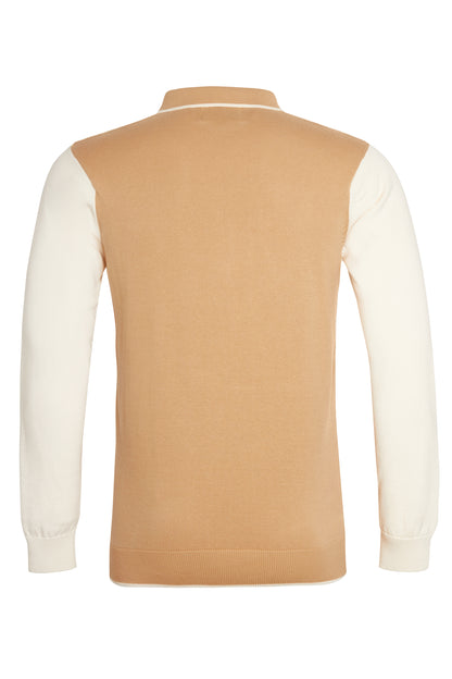 Colour block cable knit polo ecru tan