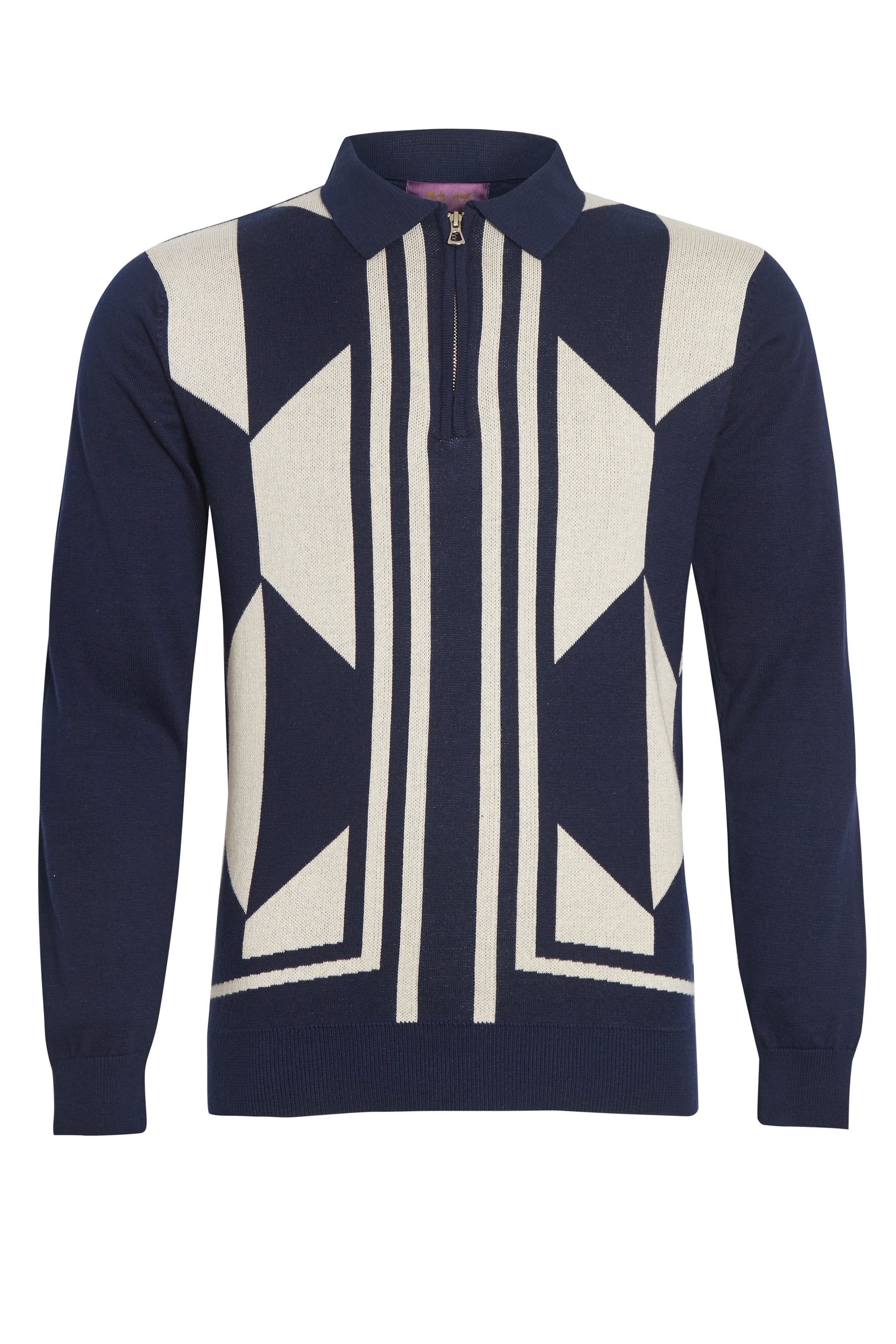 Navy geometric jacquard polo knit