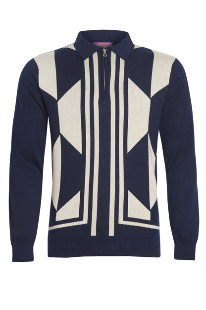 Navy geometric jacquard polo knit