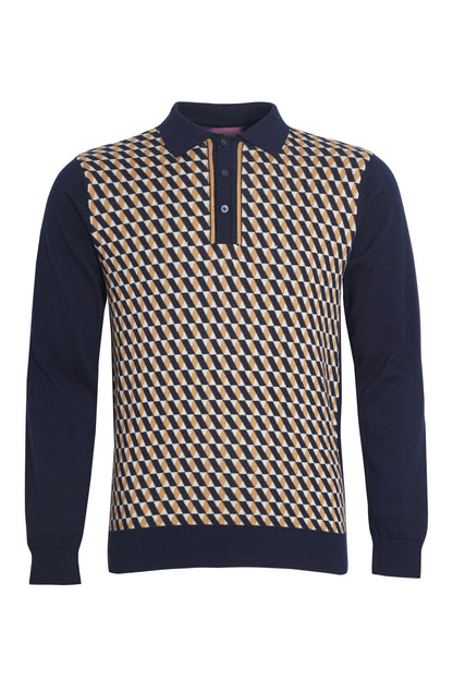 Navy camel jacquard knit polo