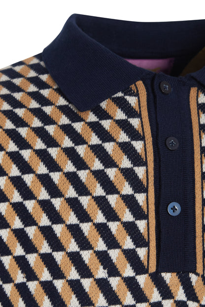 Navy camel jacquard knit polo