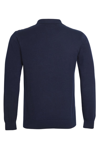 Navy camel jacquard knit polo