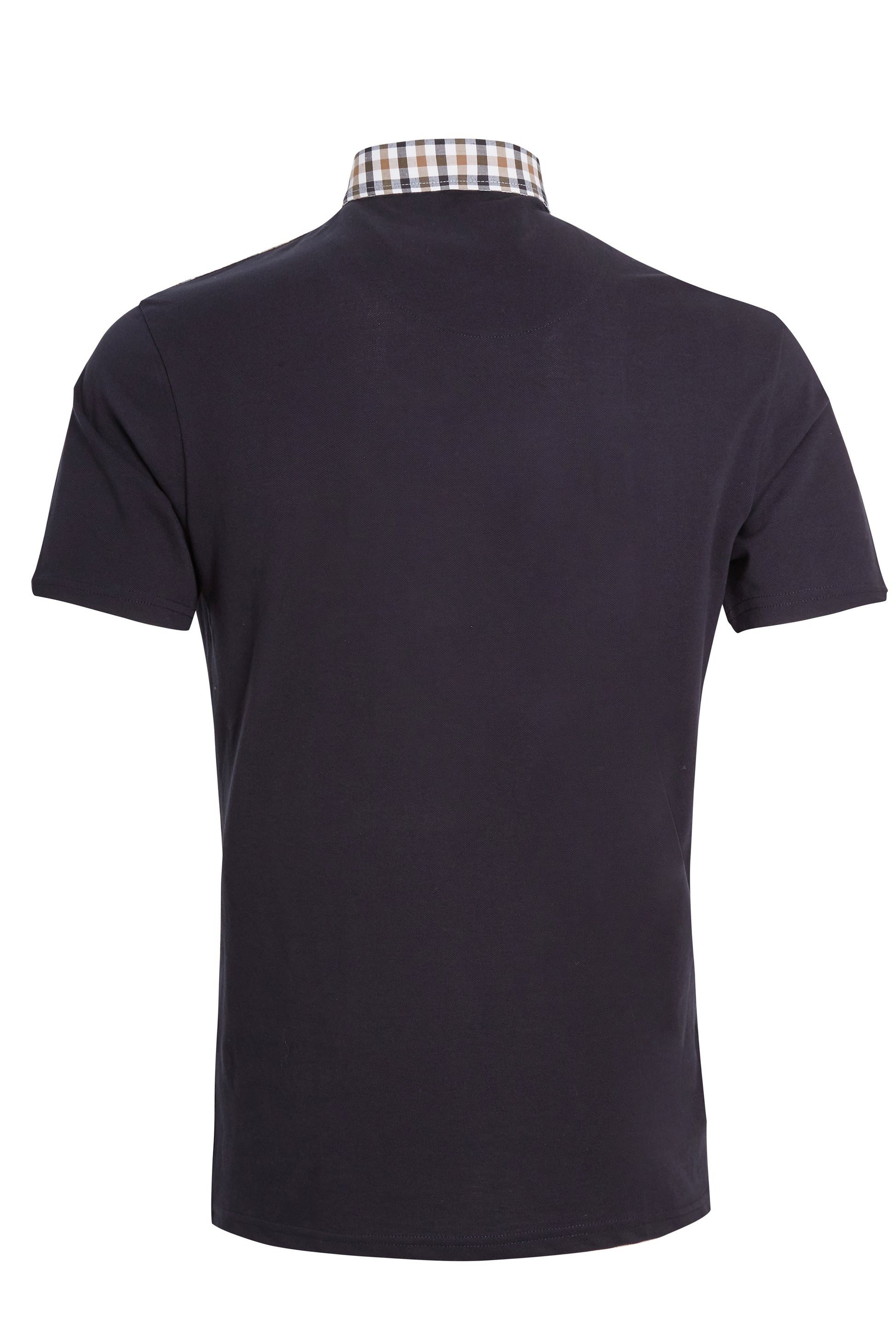 Navy pique polo with check buttoned down collar