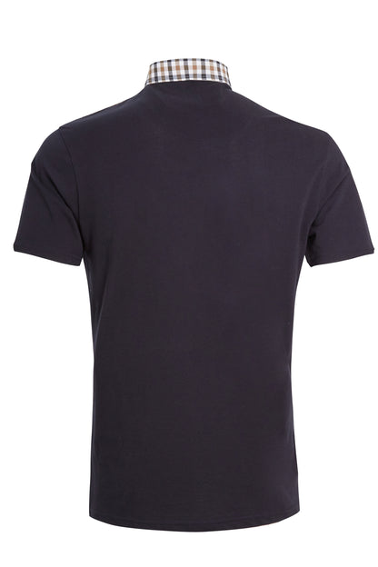 Navy pique polo with check buttoned down collar