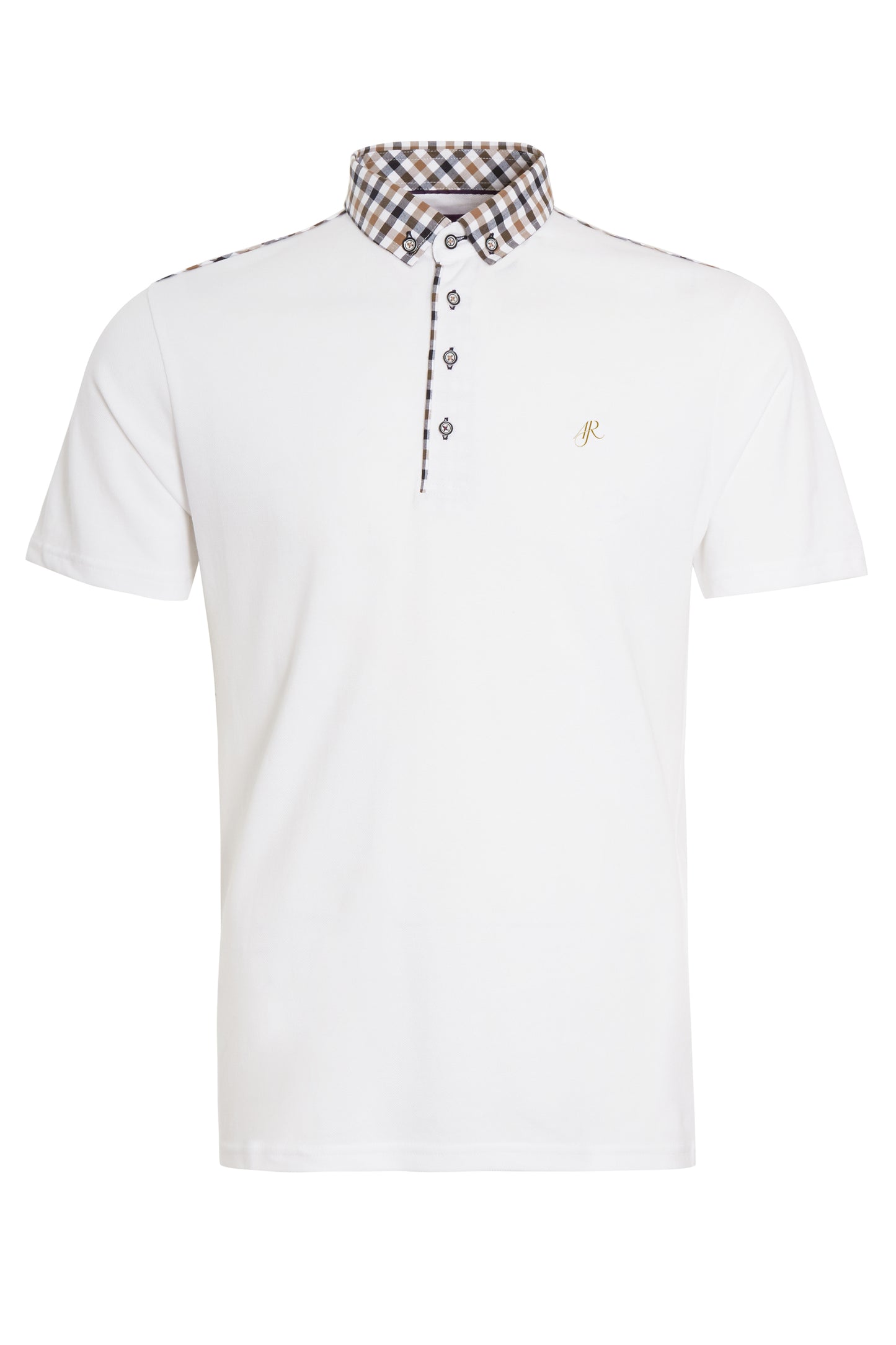 White pique polo with check buttoned down collar