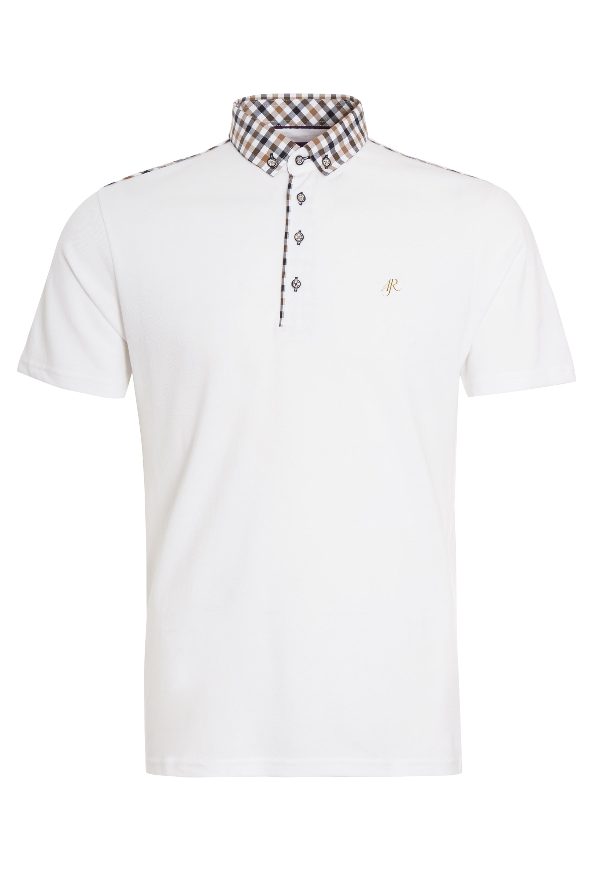 White pique polo with check buttoned down collar