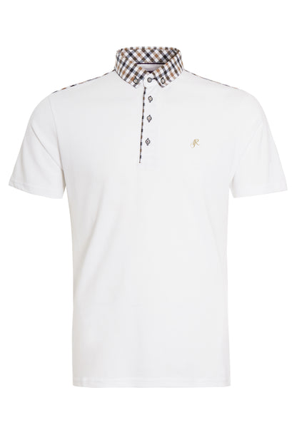 White pique polo with check buttoned down collar