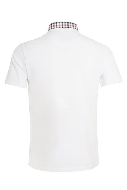 White pique polo with check buttoned down collar